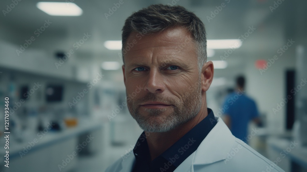 Obraz premium A confident male doctor smiles slightly while standing in a bright hospital corridor, creating a professional and welcoming atmosphere.