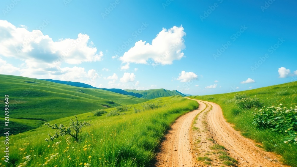 Obraz premium Serene Countryside Road Winding Through Lush Green Hills Under a Bright Blue Sky