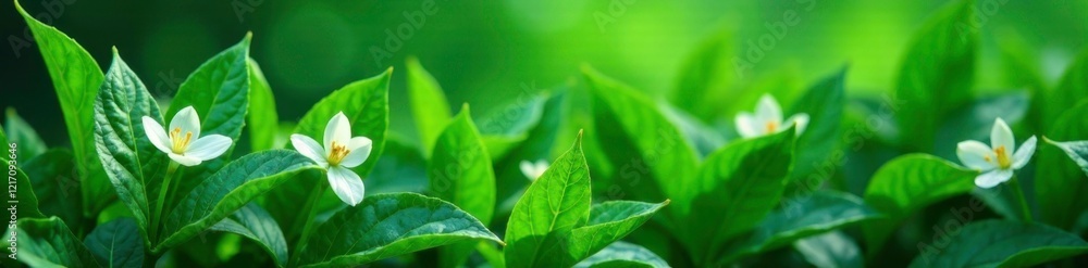 Emerald green leaves unfurl from white flowers, green, floral Emerald green leaves unfurl from white flowers, green, floral
