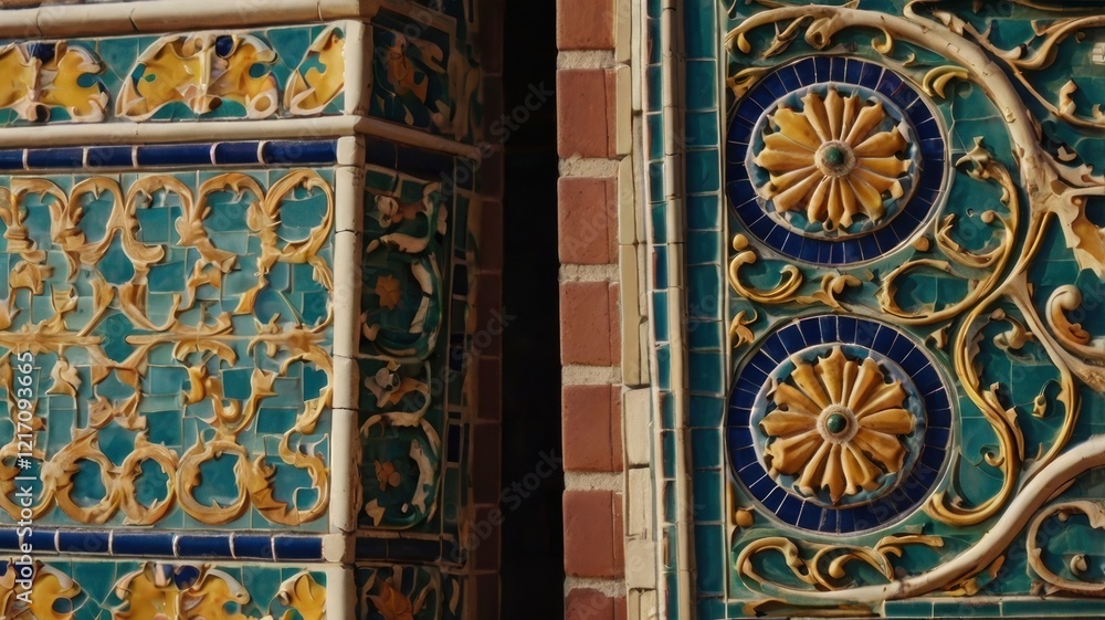 Intricate Ceramic Mosaic Art Featuring Floral Patterns and Vibrant Colors, Showcasing Exquisite Craftsmanship in Architectural Intricate Ceramic Mosaic Art Featuring Floral Patterns and Vibrant Colors, Showcasing Exquisite Craftsmanship in Architectural