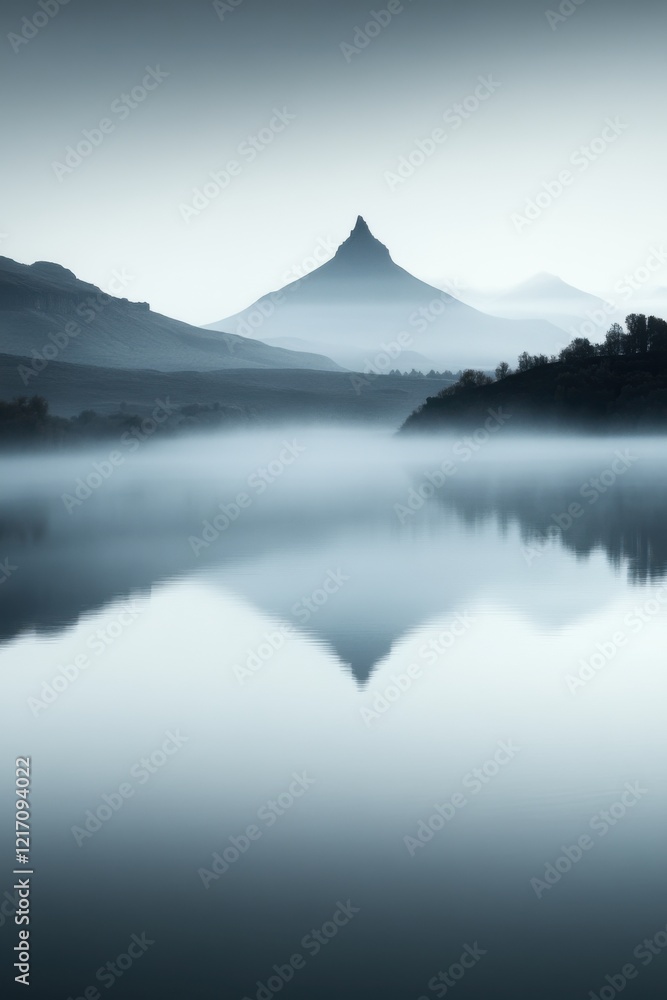 A serene desert mountain reflects in a tranquil oasis lake, enveloped in morning mist with a soft sunrise glow. A serene desert mountain reflects in a tranquil oasis lake, enveloped in morning mist with a soft sunrise glow.
