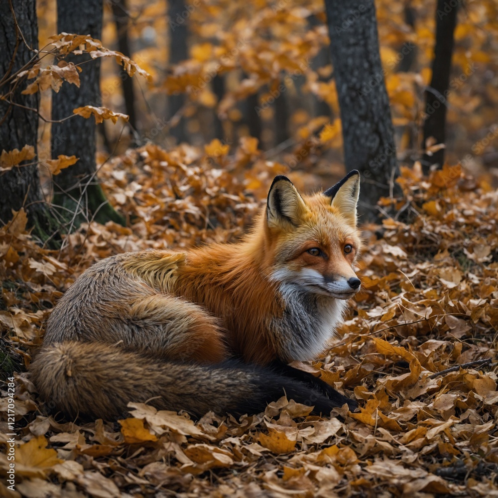 Fototapeta premium A red fox curled up amidst autumn leaves in a tranquil forest.
