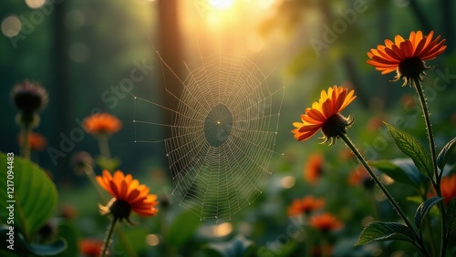 Spiderweb with water droplets among pink flowers	