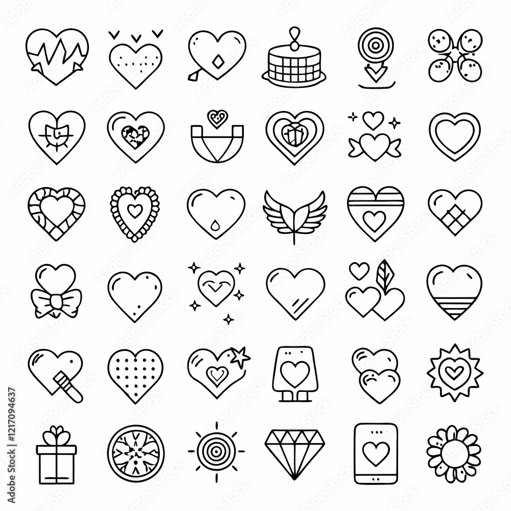 Fototapeta premium Love line icons set. Happy Valentine day signs and symbols. Love, couple, relationship, dating, wedding, holiday, romantic amour theme. Heart, lips, gift.