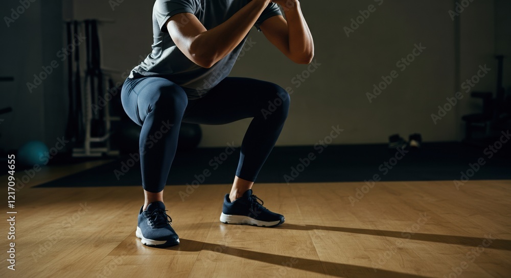 Obraz premium Man performing a squat exercise in a fitness studio for strength training
