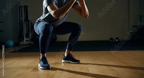 Man performing a squat exercise in a fitness studio for strength training
