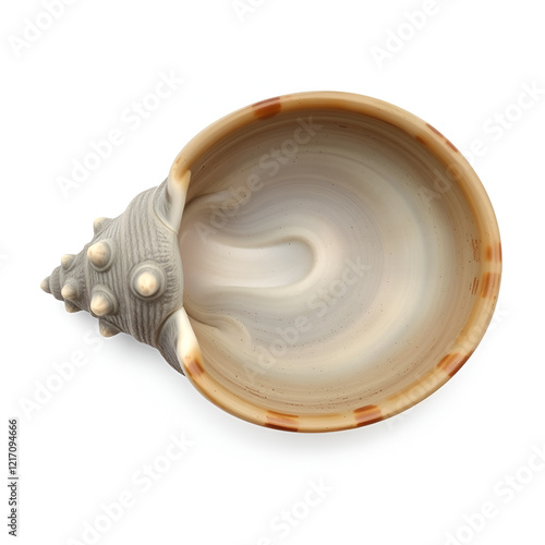 Rapana, genus of carnivorous marine prosobranch gastropods from the Muricidae. The shell is broadly oval, gray-brown color with spiral ribs and axial thickenings. Empty seashell on white background photo