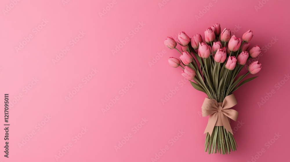 Fototapeta premium Elegant Bouquet of Pink Tulips Wrapped in Paper with Bow on Pink Background