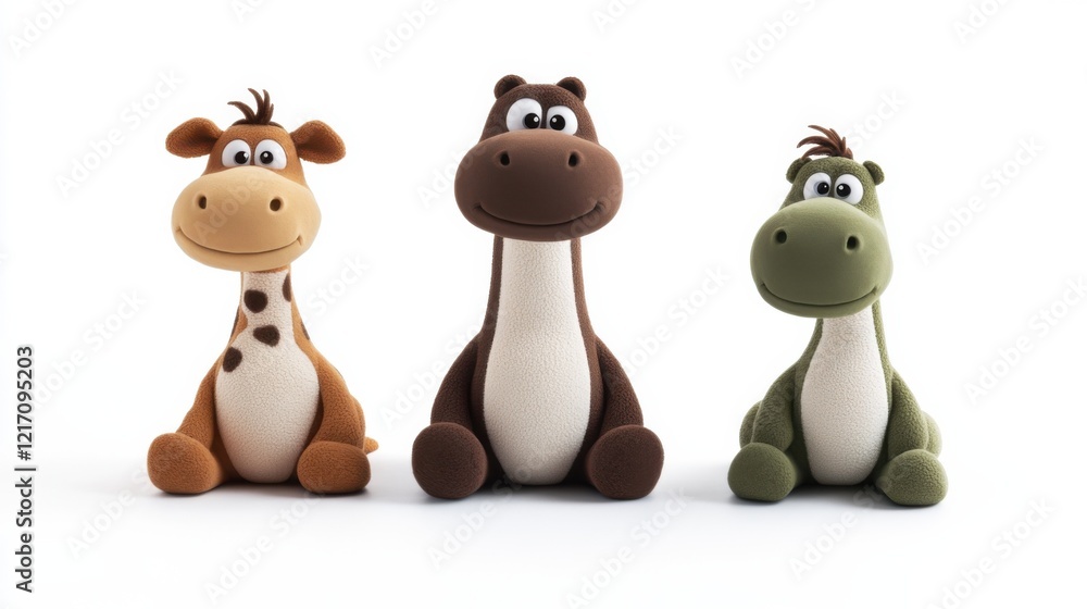 Naklejka premium A set of three cartoon animal toys featuring a giraffe, horse, and dinosaur. Each toy is brightly colored and neatly isolated on a white background.