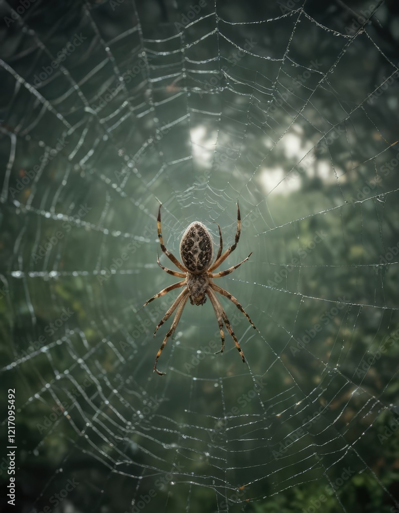 A large spider in the center of a circular web, web, spider A large spider in the center of a circular web, web, spider