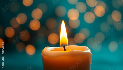 Macro shot of a single lit candle, warm glowing flame, teal blue background, soft bokeh lights, atmospheric, serene, meditative, festive holiday mood, high detail, shallow depth of field, warm and coo photo