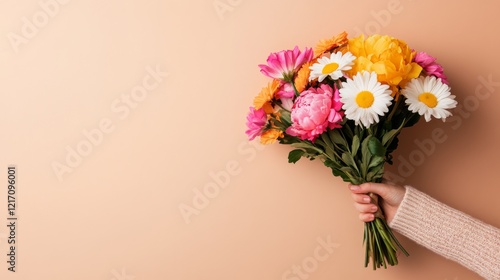 Wallpaper Mural Blooming Bouquet: A delicate hand holds a vibrant bouquet of mixed flowers, their colors bursting with life against a warm backdrop, perfect for celebrating joy and love. Torontodigital.ca