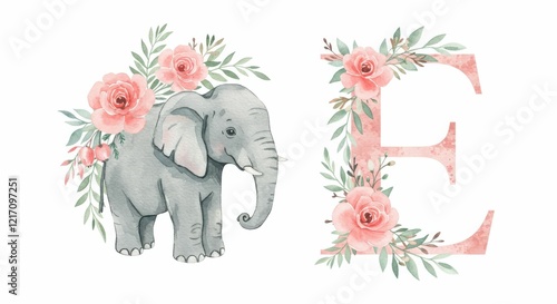 Elephant with floral decorations and elegant e in watercolor art