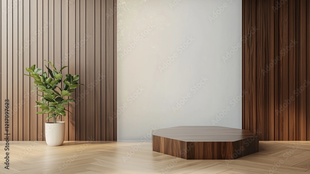 Minimalist Hexagonal Podium: A sleek, dark wood hexagonal podium sits center stage against a backdrop of light walls and rich brown wood paneling. Minimalist Hexagonal Podium: A sleek, dark wood hexagonal podium sits center stage against a backdrop of light walls and rich brown wood paneling.