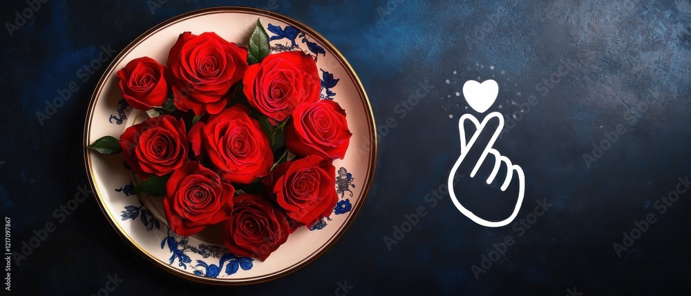 Fototapeta premium Red roses arranged on a vintage plate with a Korean finger heart symbol, expressing love and affection Perfect for Valentines Day, anniversaries, or romantic occasions