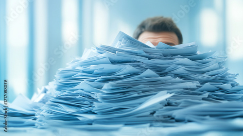 A person overwhelmed by paperwork in an office environment, illustrating stress and pressure.