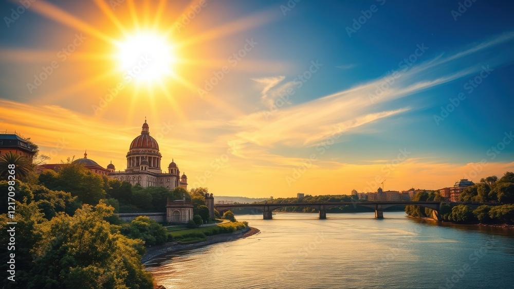 Fototapeta premium Golden Sunset over a River and Historic Building