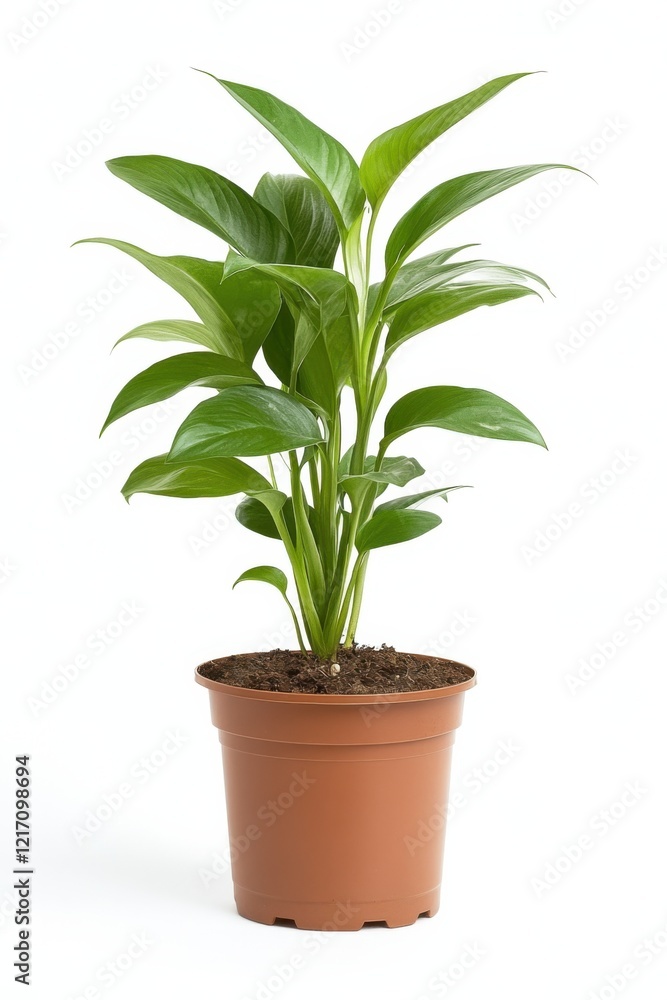 Fototapeta premium A vibrant green seedling in a brown pot, isolated on a transparent background, showcasing cinematic style and simplicity.
