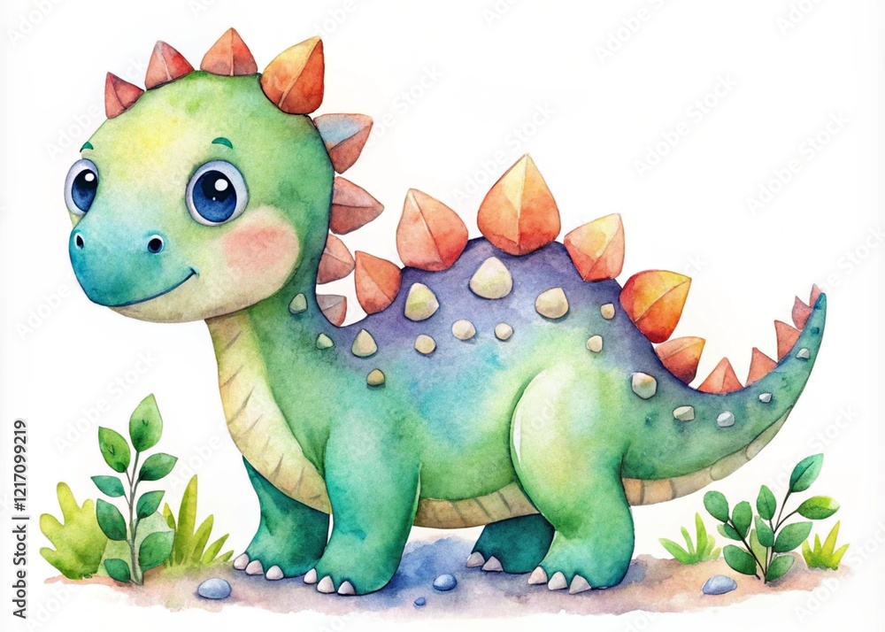 Fototapeta premium Cute Watercolor Dinosaur Illustration On A White Background