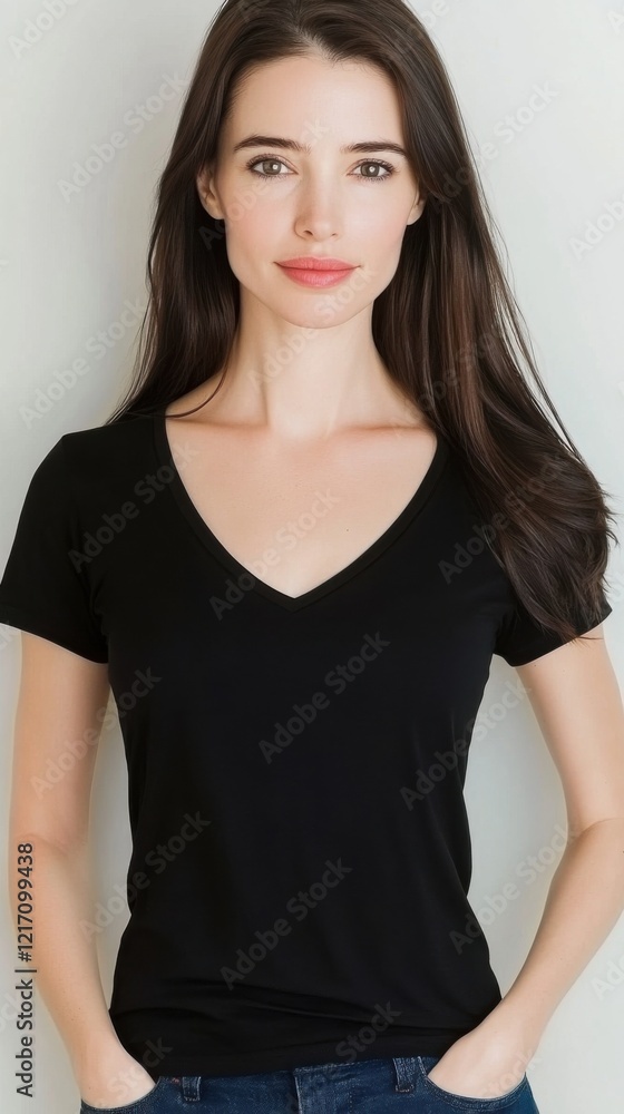 A confident woman with long brown hair wears a simple black t-shirt and jeans, standing against a neutral background. Her expression is serene and poised. A confident woman with long brown hair wears a simple black t-shirt and jeans, standing against a neutral background. Her expression is serene and poised.
