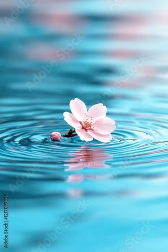 A delicate watercolor of a sakura cherry blossom gently floating on serene rippling water, blending shades of pink and blue for a tranquil scene.