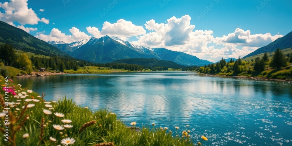 Obraz premium Serene mountain lake reflecting a vibrant sky, surrounded by lush greenery and wildflowers on a sunny day
