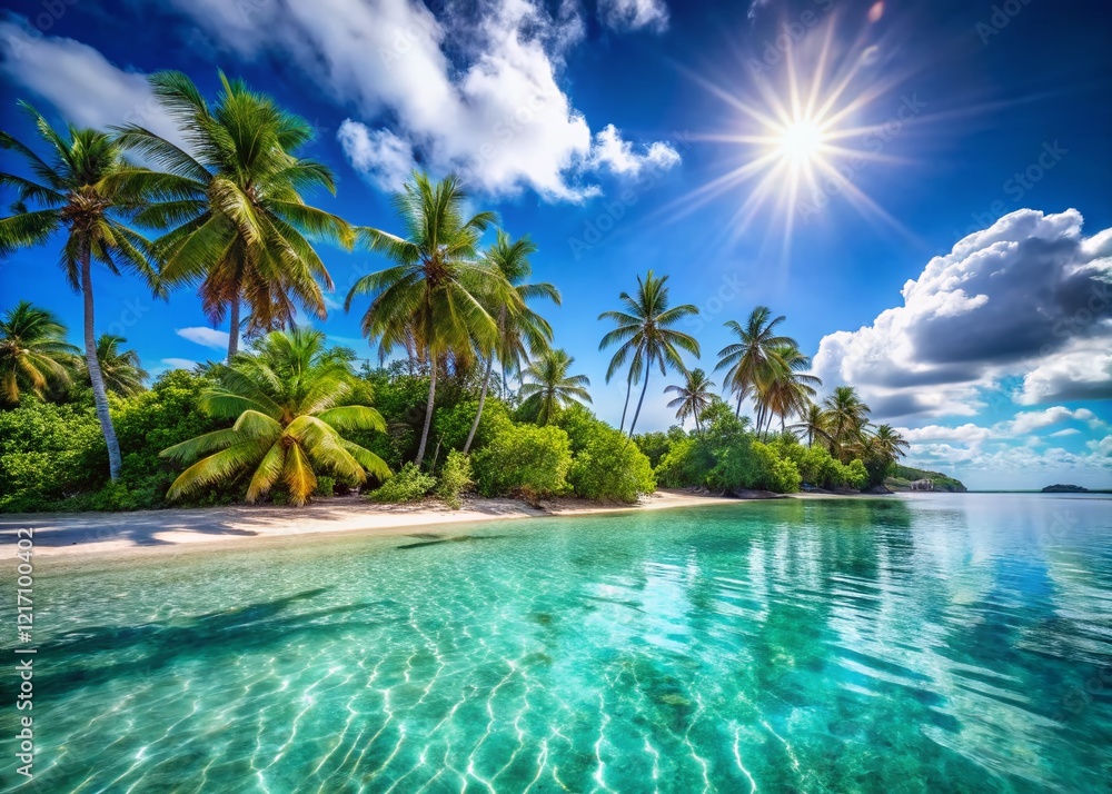Stunning Tropical Island Panorama: Palm Trees, White Sand Beach, Turquoise Ocean Stunning Tropical Island Panorama: Palm Trees, White Sand Beach, Turquoise Ocean