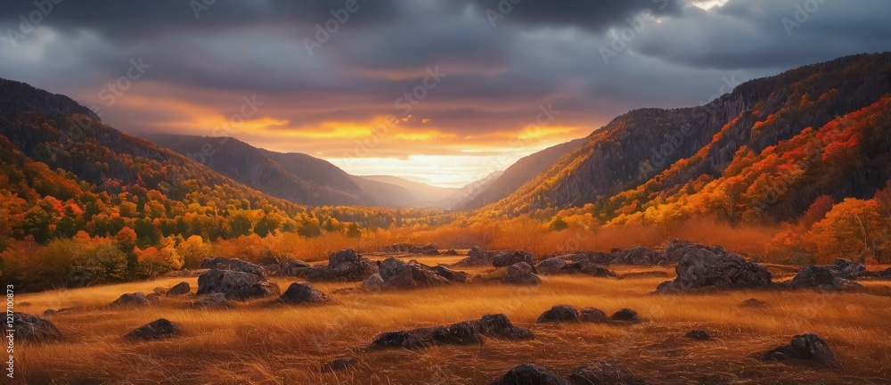 Naklejka premium Autumn Sunset Mountain Valley Landscape