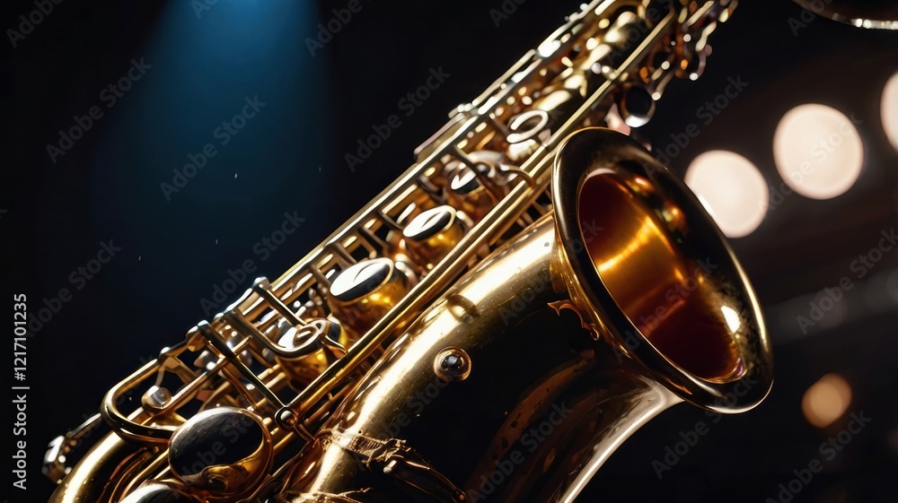 Fototapeta premium Close-Up of a Beautifully Crafted Saxophone Glimmering in the Spotlight, Showcasing Its Intricate Details and Reflective Surfaces, Perfect for Jazz and Music Themes in Visual
