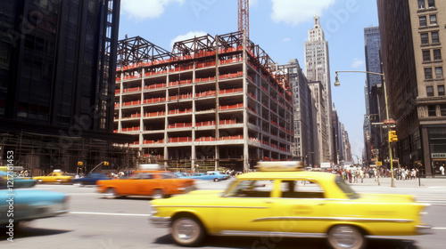 Building reconstruction works concept. busy street scene with building under construction and yellow taxis