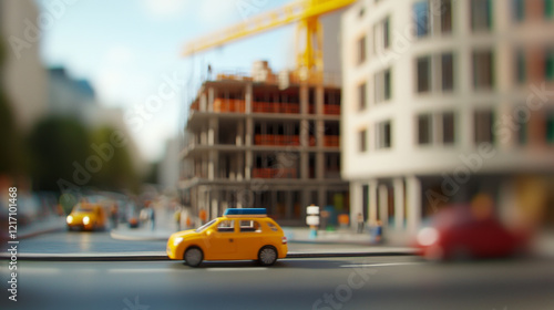 Building reconstruction works concept. busy street scene featuring yellow taxi near building under construction