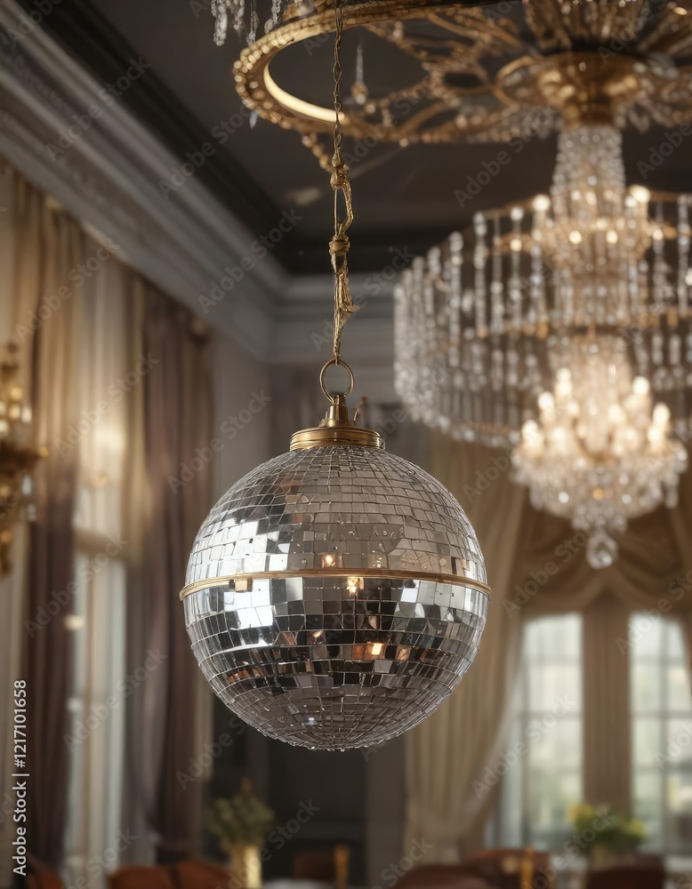 Obraz premium Glittering disco ball hanging from a chandelier, sparkling light, chandelier