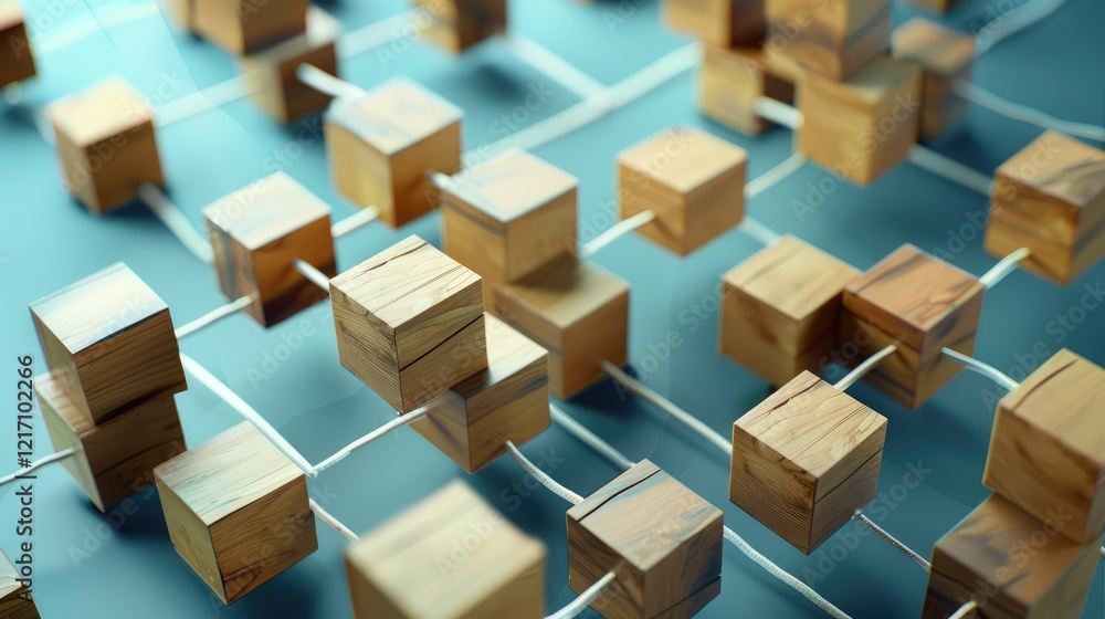 Fototapeta premium Company hierarchy organization chart of wooden cubes on blue background. human resource management