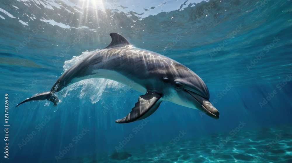 Fototapeta premium Graceful Dolphins Leaping Out of Crystal Clear Ocean, Capturing the Essence of Marine Life and Joyful Freedom in Their Natural