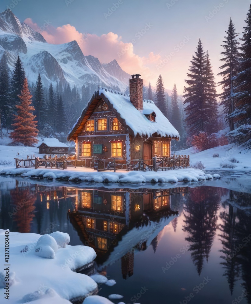 Obraz premium Gingerbread cottage with snow-covered roof and chimney in a frozen lake, lake, cozy