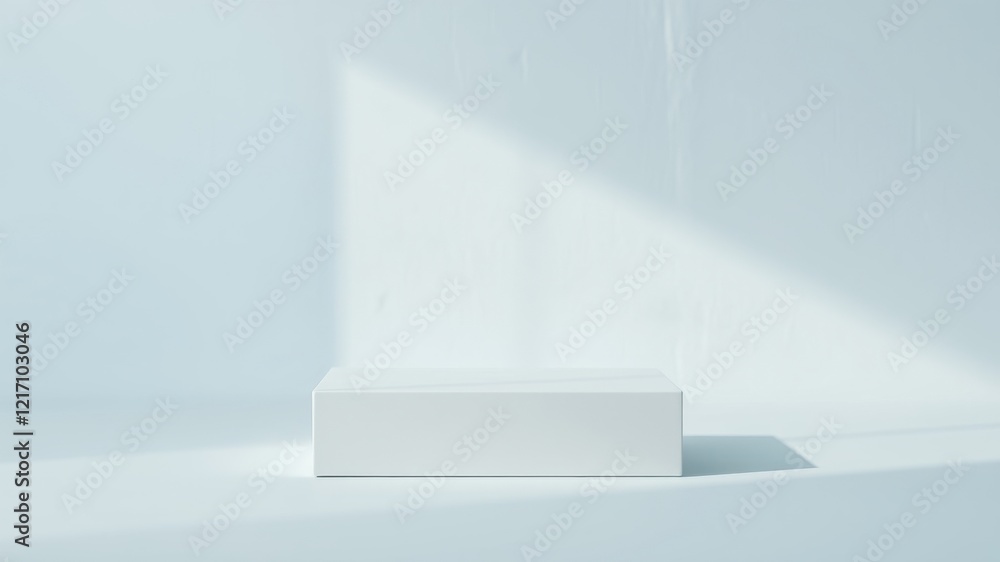 Obraz premium A simple white rectangular platform sits in a light blue room, bathed in soft sunlight