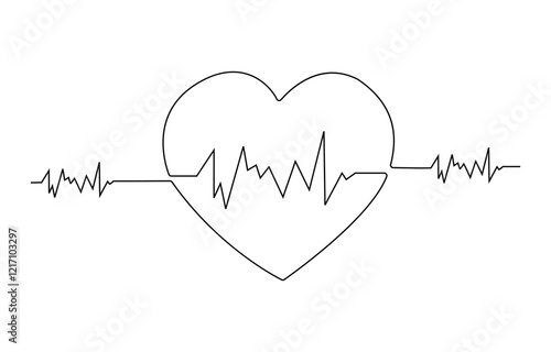 Continuous line drawing of heart with heartbeat. Pulse trace. Cardiogram icon. One line drawing. Single line art. Vector illustration, Heartbeat Continuous Line Icon.