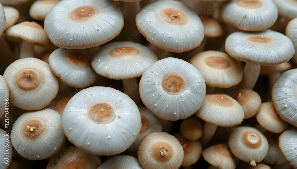 Macro photography, white button mushrooms, circular shapes, textured caps, earthy tones, clustered arrangement, food photography, natural lighting, shallow depth of field, organic patterns, fungi clos Macro photography, white button mushrooms, circular shapes, textured caps, earthy tones, clustered arrangement, food photography, natural lighting, shallow depth of field, organic patterns, fungi clos
