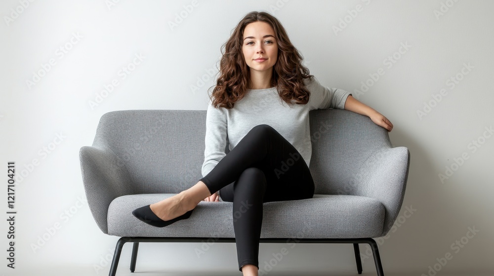Elegant Woman Posing on Modern Couch in Minimalist Room Elegant Woman Posing on Modern Couch in Minimalist Room