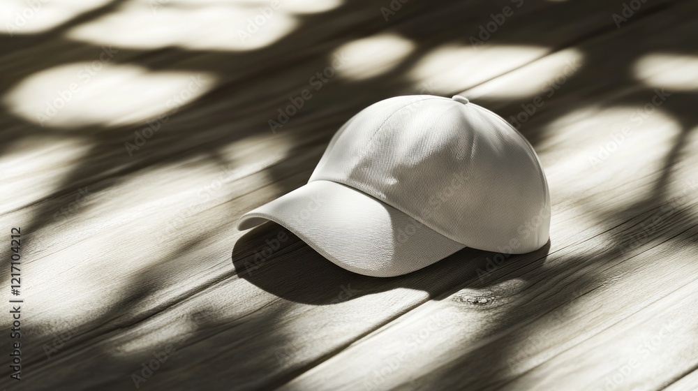 Obraz premium White baseball cap on wooden floor, sunlight shadows. Mockup for design