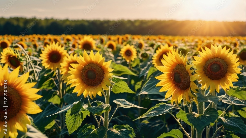 Fototapeta premium A Vibrant Field of Sunflowers in Full Bloom: A Breathtaking Display of Nature's Beauty and Resilience on a Clear Sunny Day, Perfect for Capturing the Essence of Summer