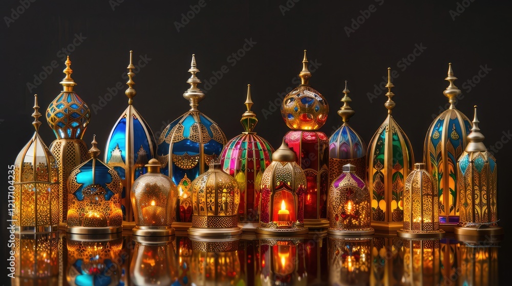 Obraz premium Group of glowing Arabic candle lanterns