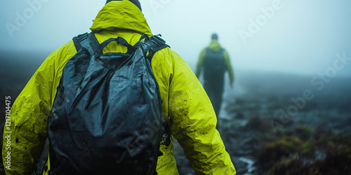 Two Hikers in Foggy Landscape, One with Backpack photo