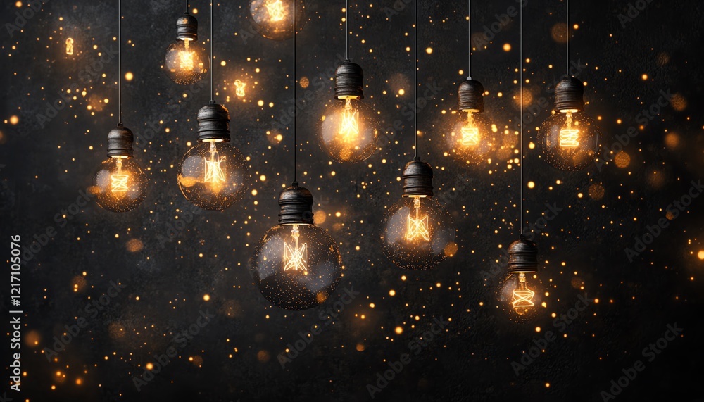 Obraz premium Bright lightbulbs suspended on strings against dark background, 3D rendering, creative inspiration, glowing innovation concept