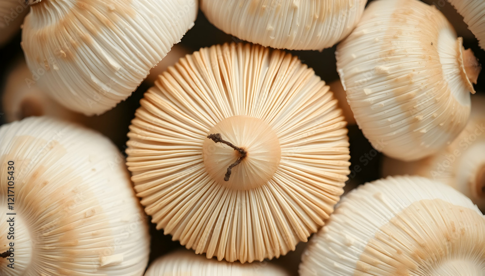Macro photograph, mushroom gills, detailed texture, radial pattern, circular shape, cream colored, organic structure, natural forms, botany study, fungi closeup, soft lighting, high resolution, nature Macro photograph, mushroom gills, detailed texture, radial pattern, circular shape, cream colored, organic structure, natural forms, botany study, fungi closeup, soft lighting, high resolution, nature