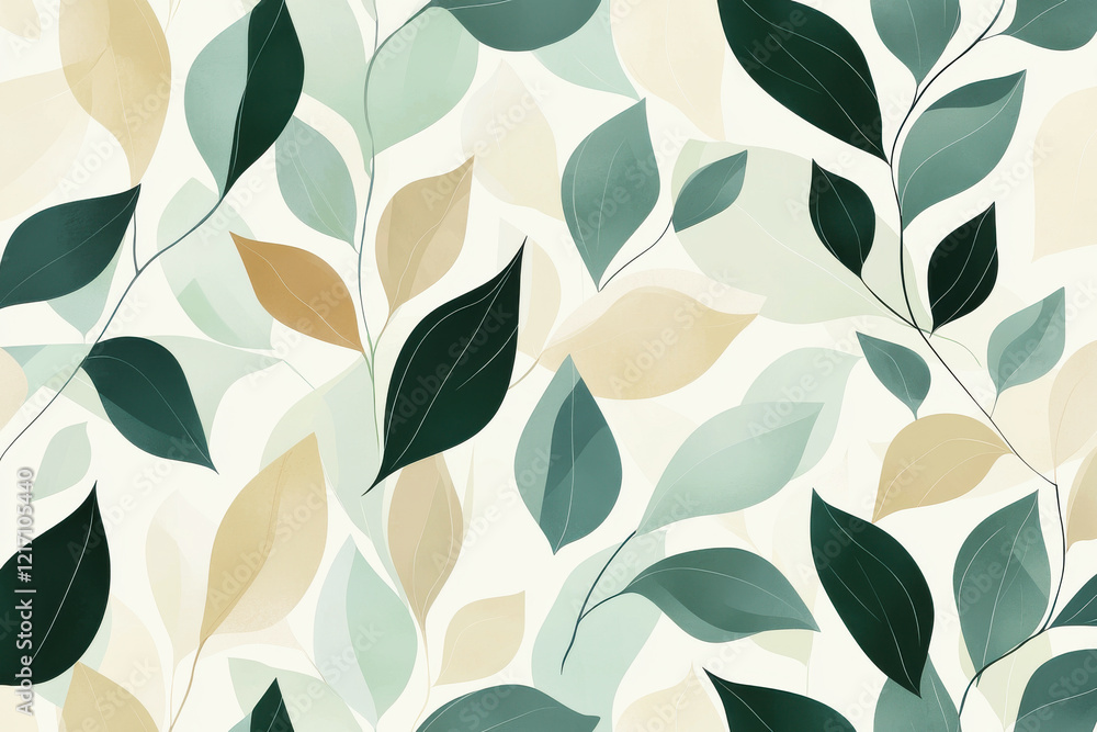Scandinavian-inspired pattern with abstract leaf shapes in muted tones of green, beige, and cream Scandinavian-inspired pattern with abstract leaf shapes in muted tones of green, beige, and cream