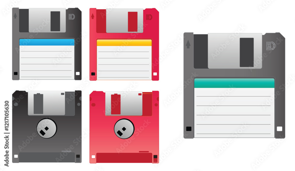 Set Illustration of Retro Floppy Disk Icons in Various Colors isolated Set Illustration of Retro Floppy Disk Icons in Various Colors isolated