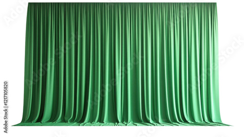 A long green curtain hangs on a white background