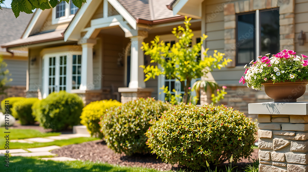 Fototapeta premium Luxury House Exterior with Landscaped Garden and Stone Pathway. Real Estate, Residential Property, Home Architecture, Beautiful Landscaping Design.