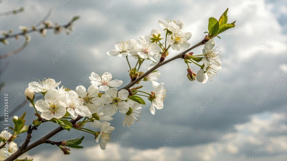 A close-up shot of sour cherry blossoms in full bloom against a backdrop of light grey and white clouds, flower details, nature photography, sour cherry blossoms, cloud formations A close-up shot of sour cherry blossoms in full bloom against a backdrop of light grey and white clouds, flower details, nature photography, sour cherry blossoms, cloud formations